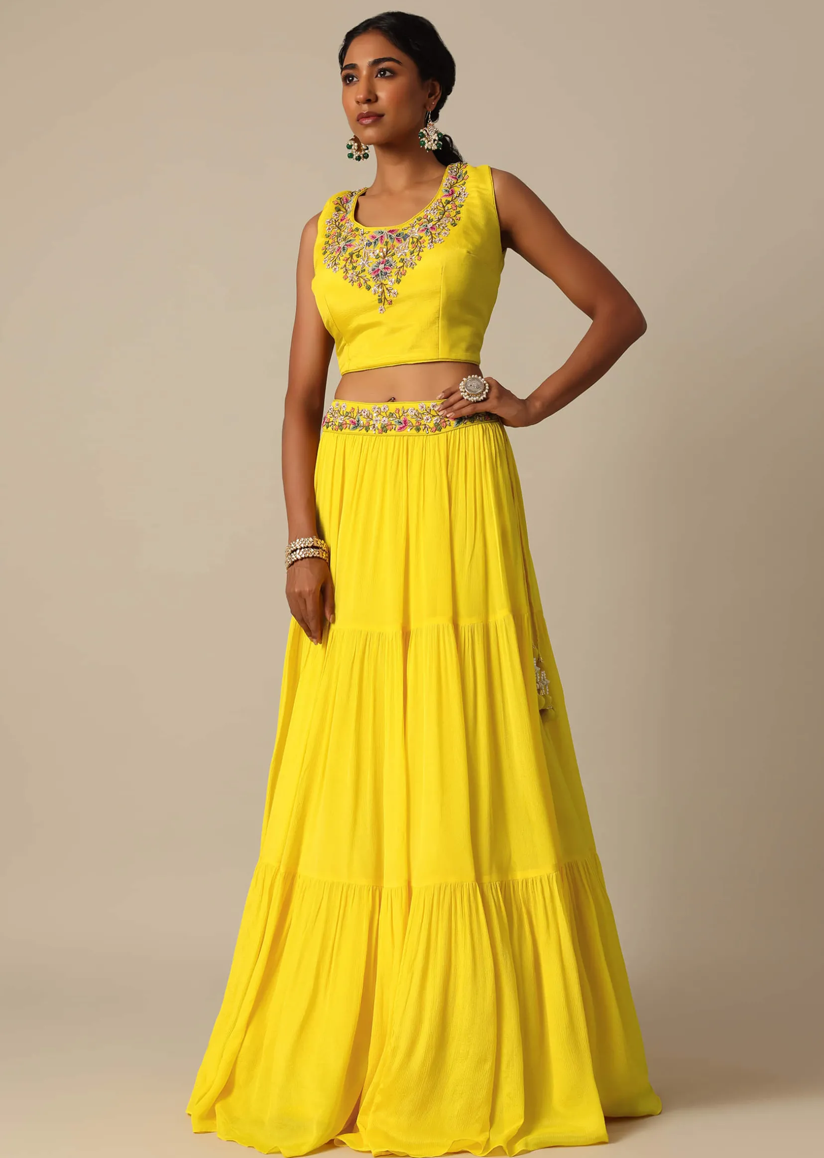 Yellow Hand Embroidered Long Jacket And Lehenga Set