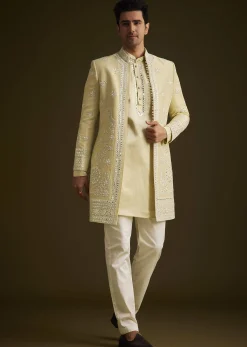 Yellow Hand Embroidered Sherwani Set