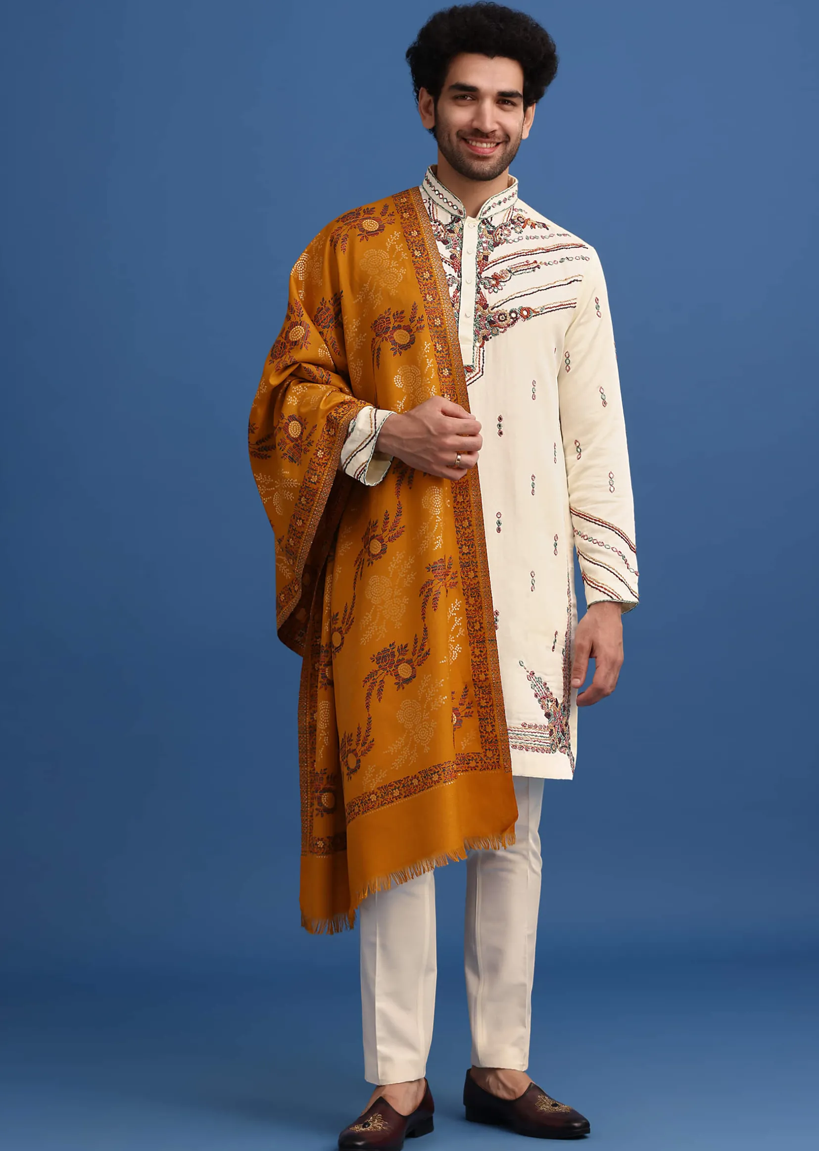 Yellow Hand Worked Kurta Set With Printed Dupatta