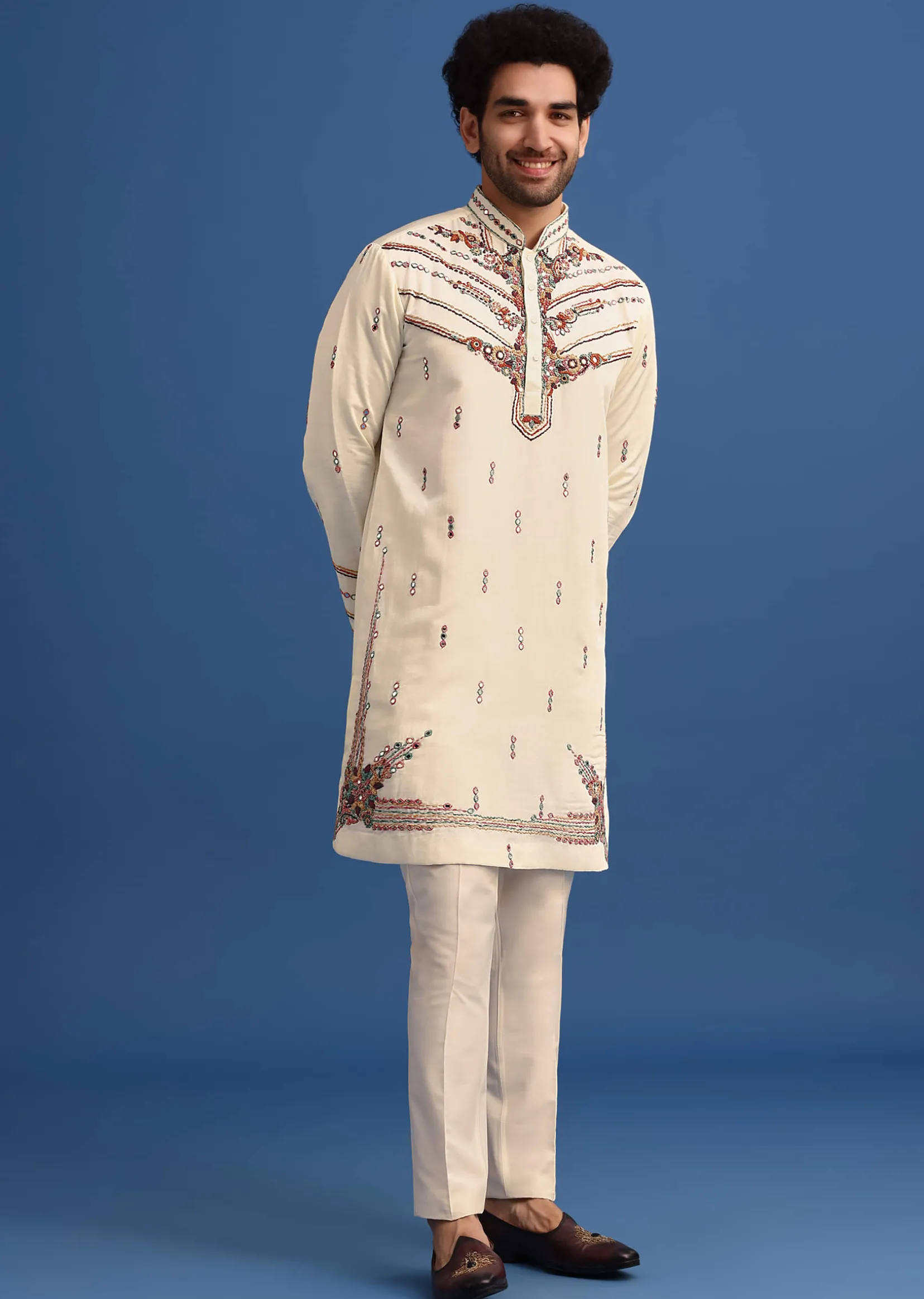 Yellow Hand Worked Kurta Set With Printed Dupatta