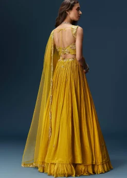 Yellow Indo Western Lehenga With Rushed Skirt And Embroidered Dupatta