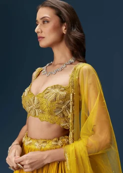 Yellow Indo Western Lehenga With Rushed Skirt And Embroidered Dupatta