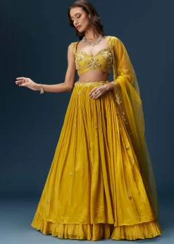 Yellow Indo Western Lehenga With Rushed Skirt And Embroidered Dupatta