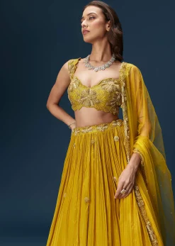 Yellow Indo Western Lehenga With Rushed Skirt And Embroidered Dupatta