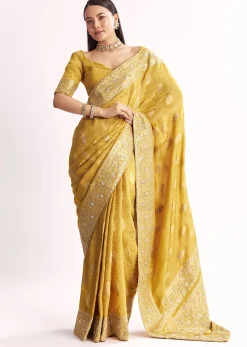 Yellow Jacquard Silk Saree With Woven Brocade Zari Work