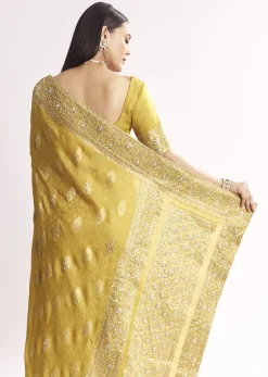 Yellow Jacquard Silk Saree With Woven Brocade Zari Work