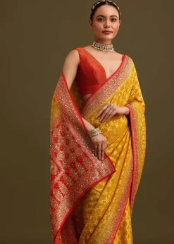 Yellow Khaddi Georgette Bandhani Weave Cutdana Saree