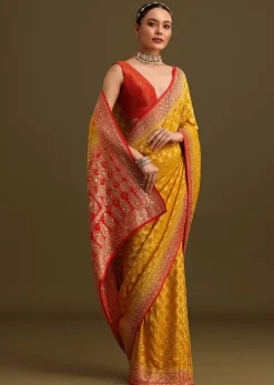 Yellow Khaddi Georgette Bandhani Weave Cutdana Saree