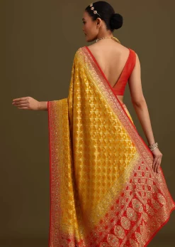 Yellow Khaddi Georgette Bandhani Weave Cutdana Saree