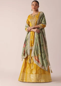 Yellow Kurta Palazzo Set With Brocade Print