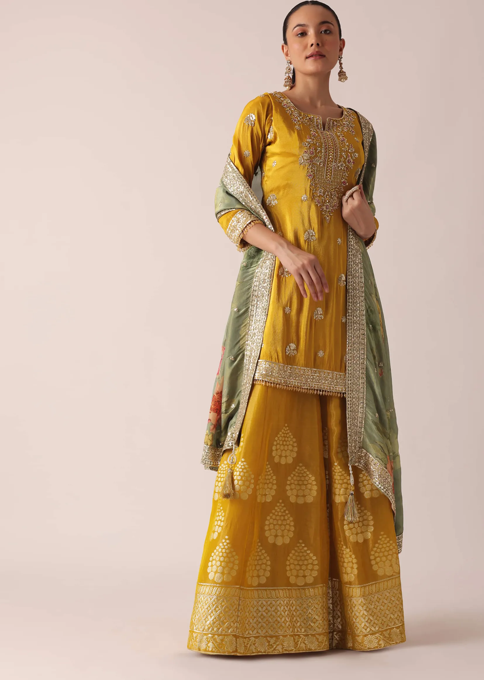 Yellow Kurta Palazzo Set With Brocade Print