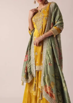 Yellow Kurta Palazzo Set With Brocade Print