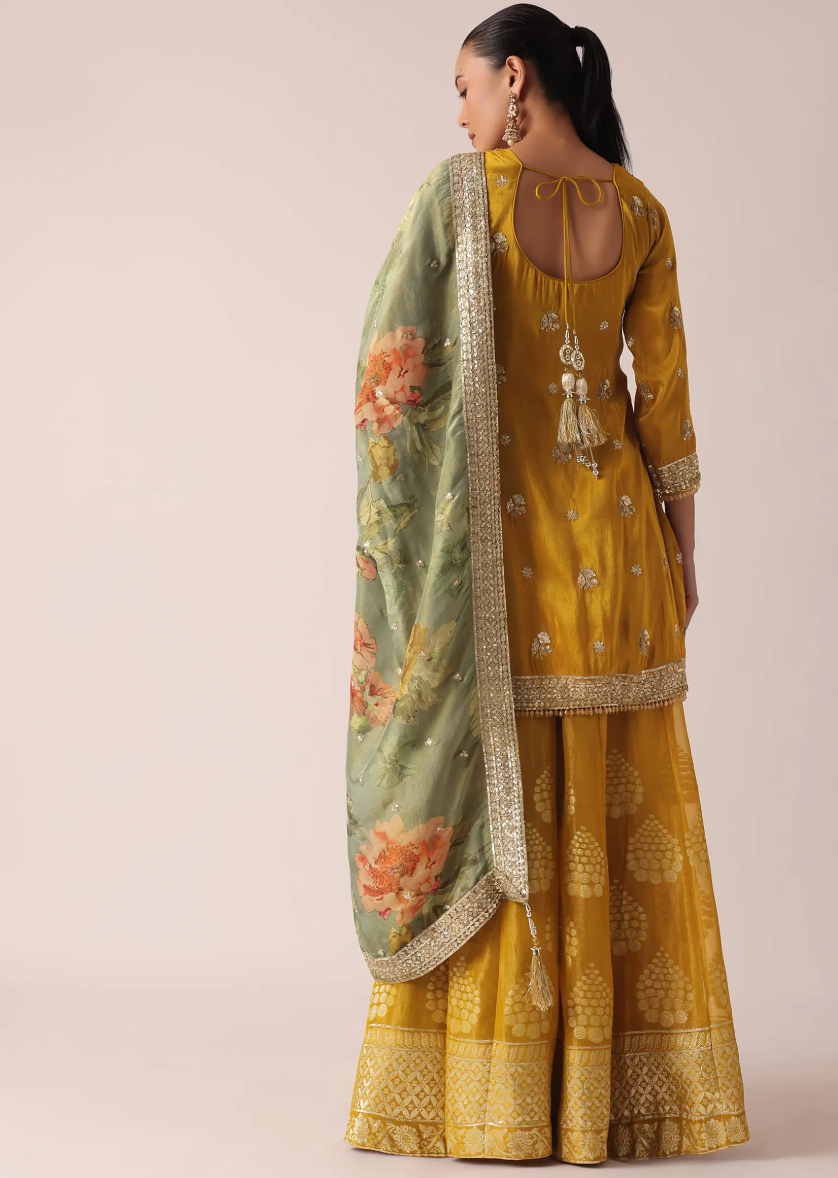 Yellow Kurta Palazzo Set With Brocade Print