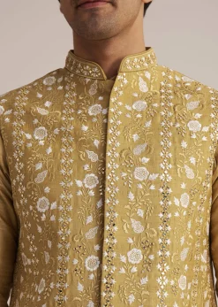 Yellow Kurta Pant Set With Embroidered Nehru Jacket
