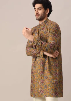 Yellow Kurta Set In Cotton Silk With Multi Color Floral Prints