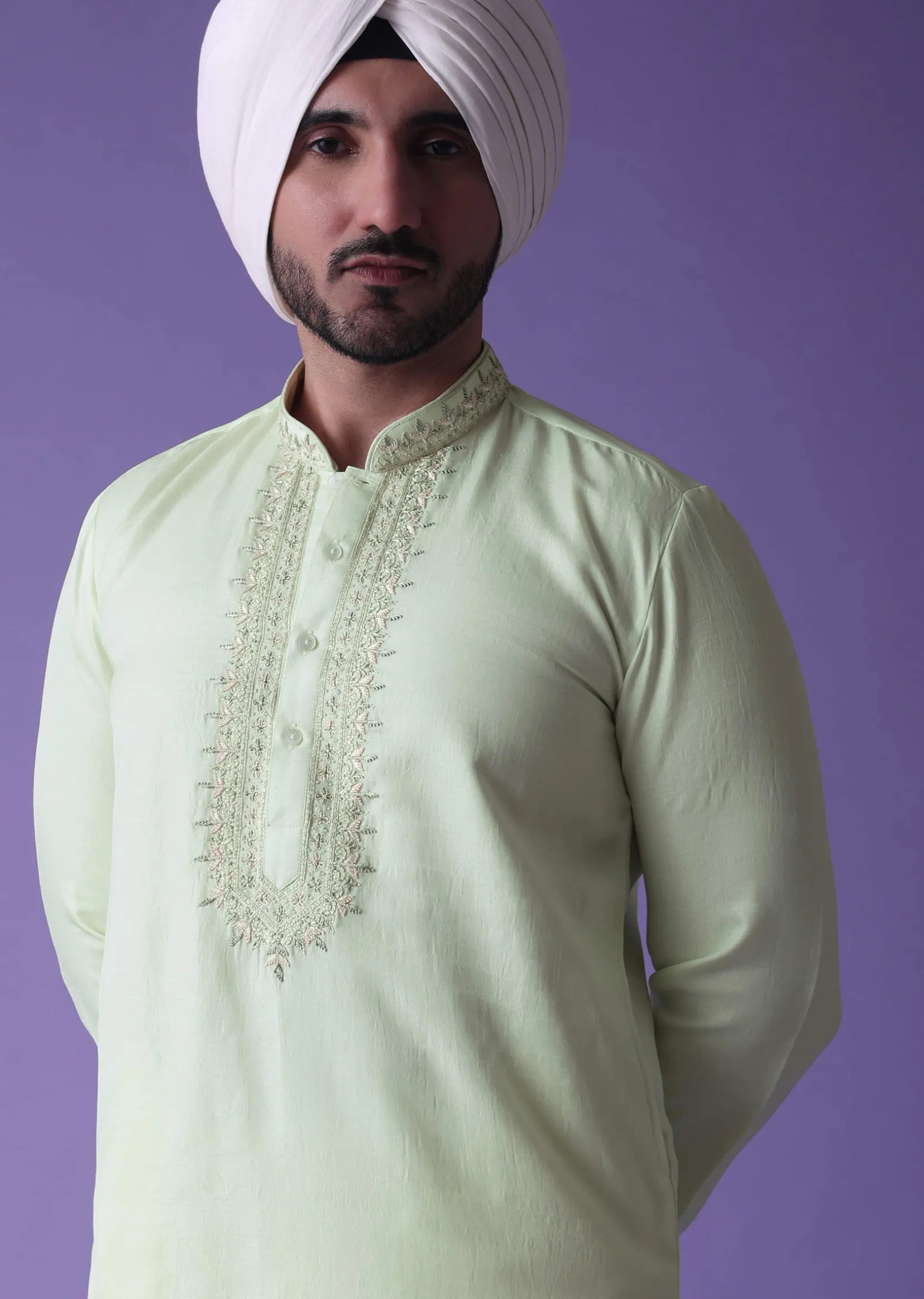 Yellow Kurta Set In Raw Silk With Threadwork