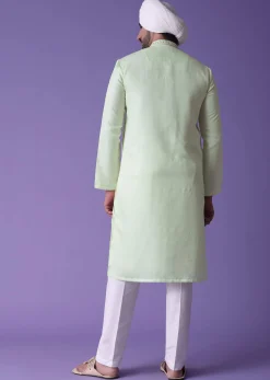 Yellow Kurta Set In Raw Silk With Threadwork