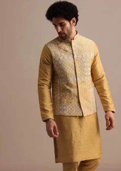 Yellow Kurta Set With Thread And Mirror Embroidered Jacket