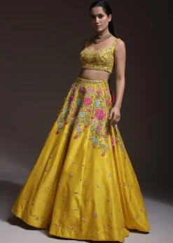 Yellow Lehenga Choli In Raw Silk With Resham, Cut Dana And Sequins Embroidered Summertime Blossoms
