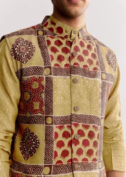 Yellow Linen Kurta Jacket Set With Ajrakh Print