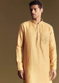 Yellow Linen Kurta Set With Embroidered Thread