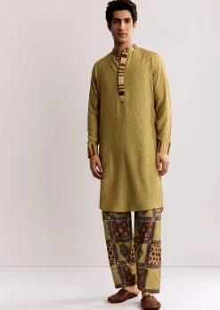Yellow Linen Kurta Set With Ajrakh Print
