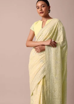 Yellow Lucknowi Chikankari Sequin Saree With Unstitched Blouse Piece