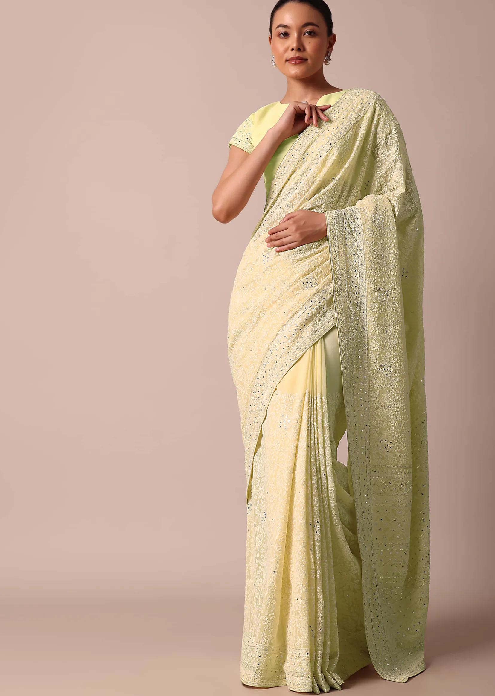Yellow Lucknowi Chikankari Sequin Saree With Unstitched Blouse Piece