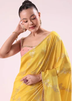 Yellow Lurex Dola Saree With Gold Beaded Embroidered Stitched Blouse