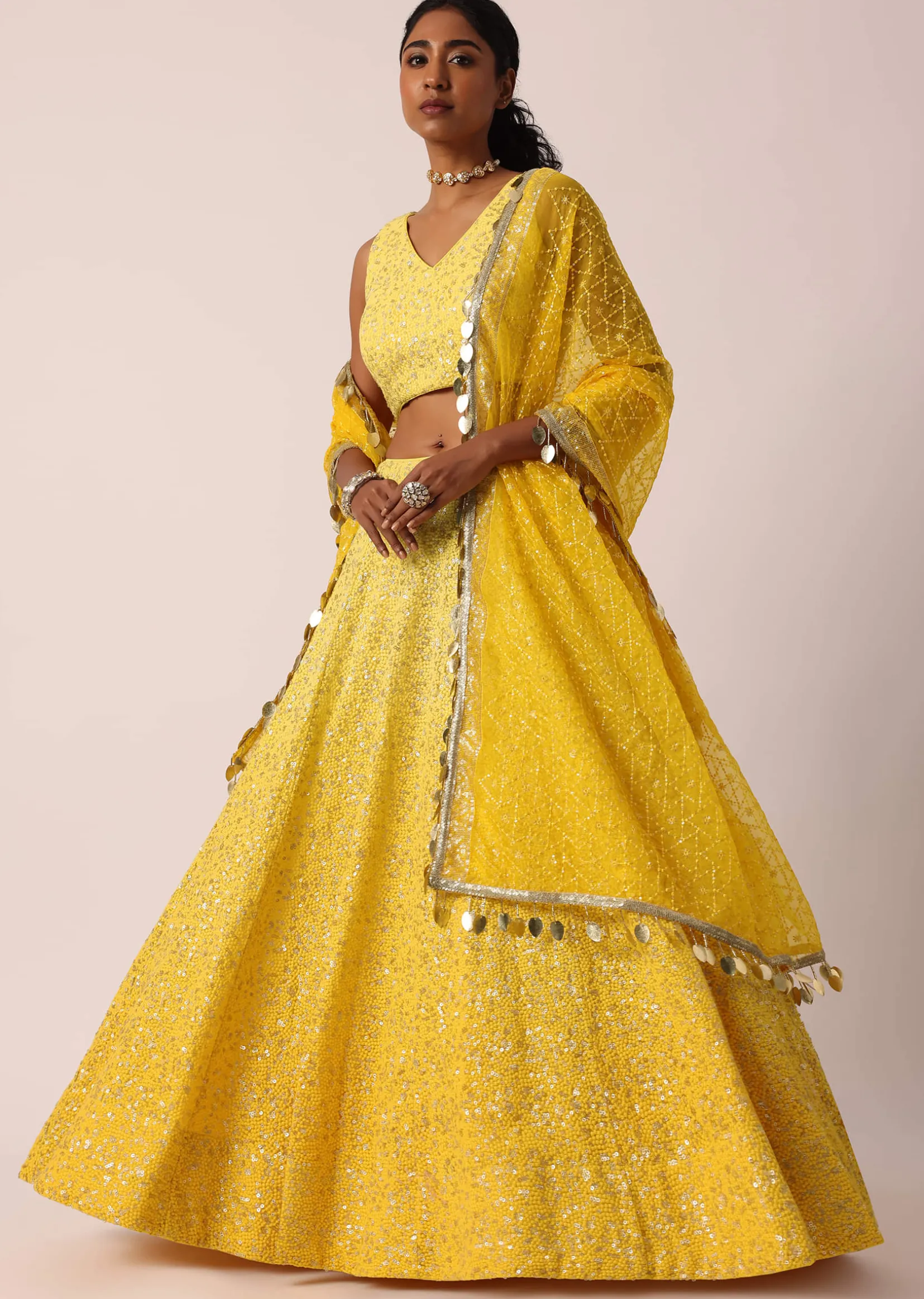 Yellow Net Lehenga Set With Lucknowi Work
