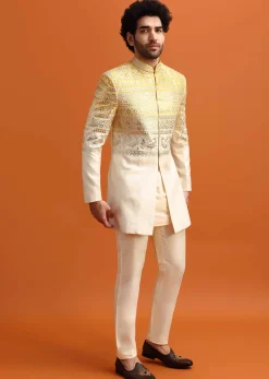 Yellow Ombre Indowestern Set With Foil Applique For Men