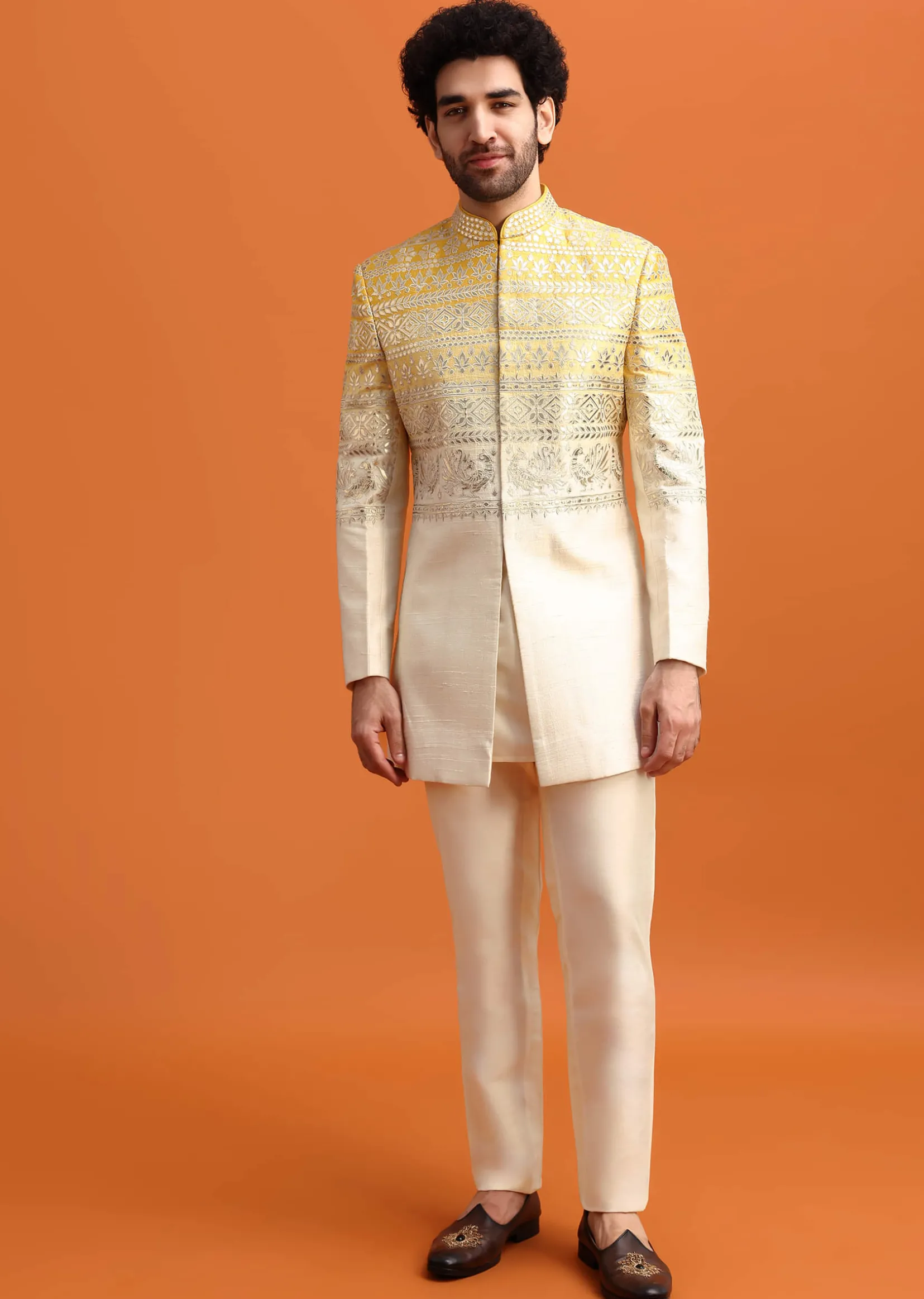 Yellow Ombre Indowestern Set With Foil Applique For Men