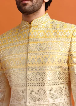 Yellow Ombre Indowestern Set With Foil Applique For Men