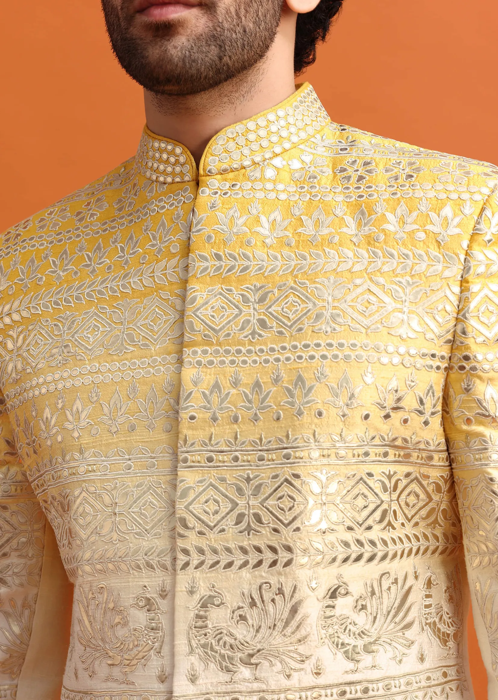 Yellow Ombre Indowestern Set With Foil Applique For Men