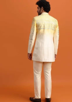 Yellow Ombre Indowestern Set With Foil Applique For Men