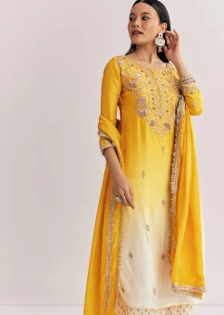 Yellow Ombre Kurta Palazzo Suit With Zardosi And Sequins Work