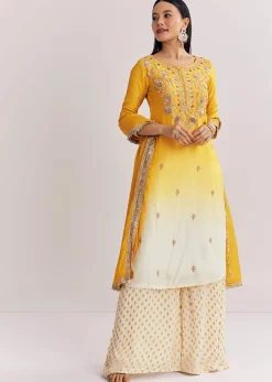 Yellow Ombre Kurta Palazzo Suit With Zardosi And Sequins Work
