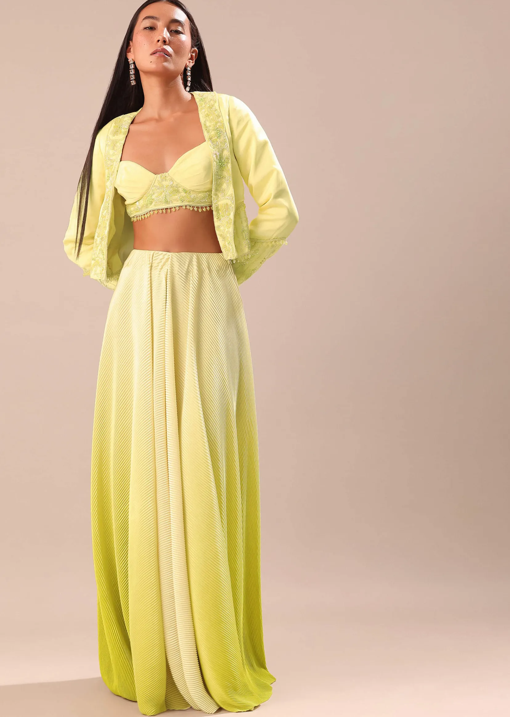 Yellow Ombre Organza Blouse And Palazzo With Jacket