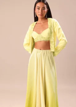 Yellow Ombre Organza Blouse And Palazzo With Jacket