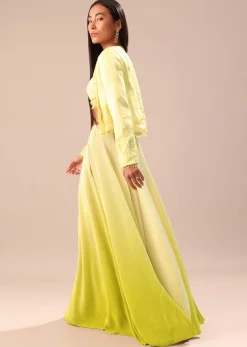 Yellow Ombre Organza Blouse And Palazzo With Jacket