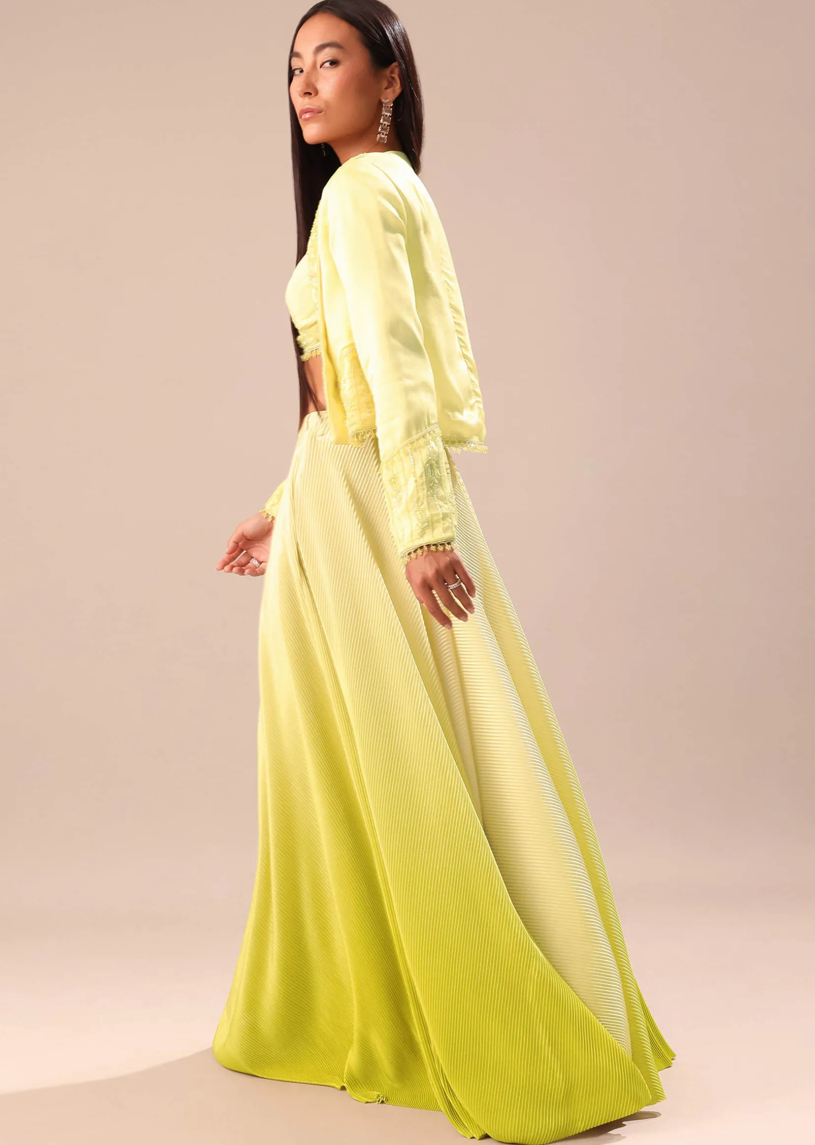 Yellow Ombre Organza Blouse And Palazzo With Jacket