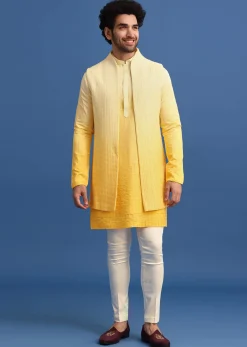 Yellow Ombre Silk Kurta Jacket Set With Zardozi Work