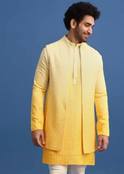 Yellow Ombre Silk Kurta Jacket Set With Zardozi Work