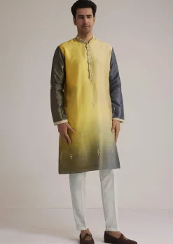 Yellow Ombre Silk Kurta Set With Mirror Work