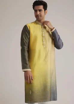 Yellow Ombre Silk Kurta Set With Mirror Work
