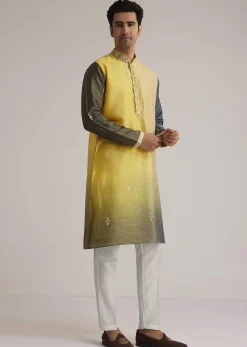 Yellow Ombre Silk Kurta Set With Mirror Work