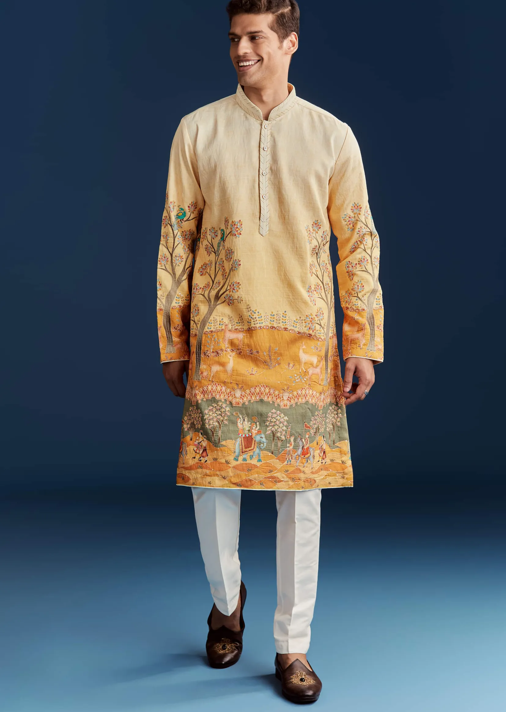 Yellow Ombre Silk Kurta Set With Floral And Animal Print Motifs