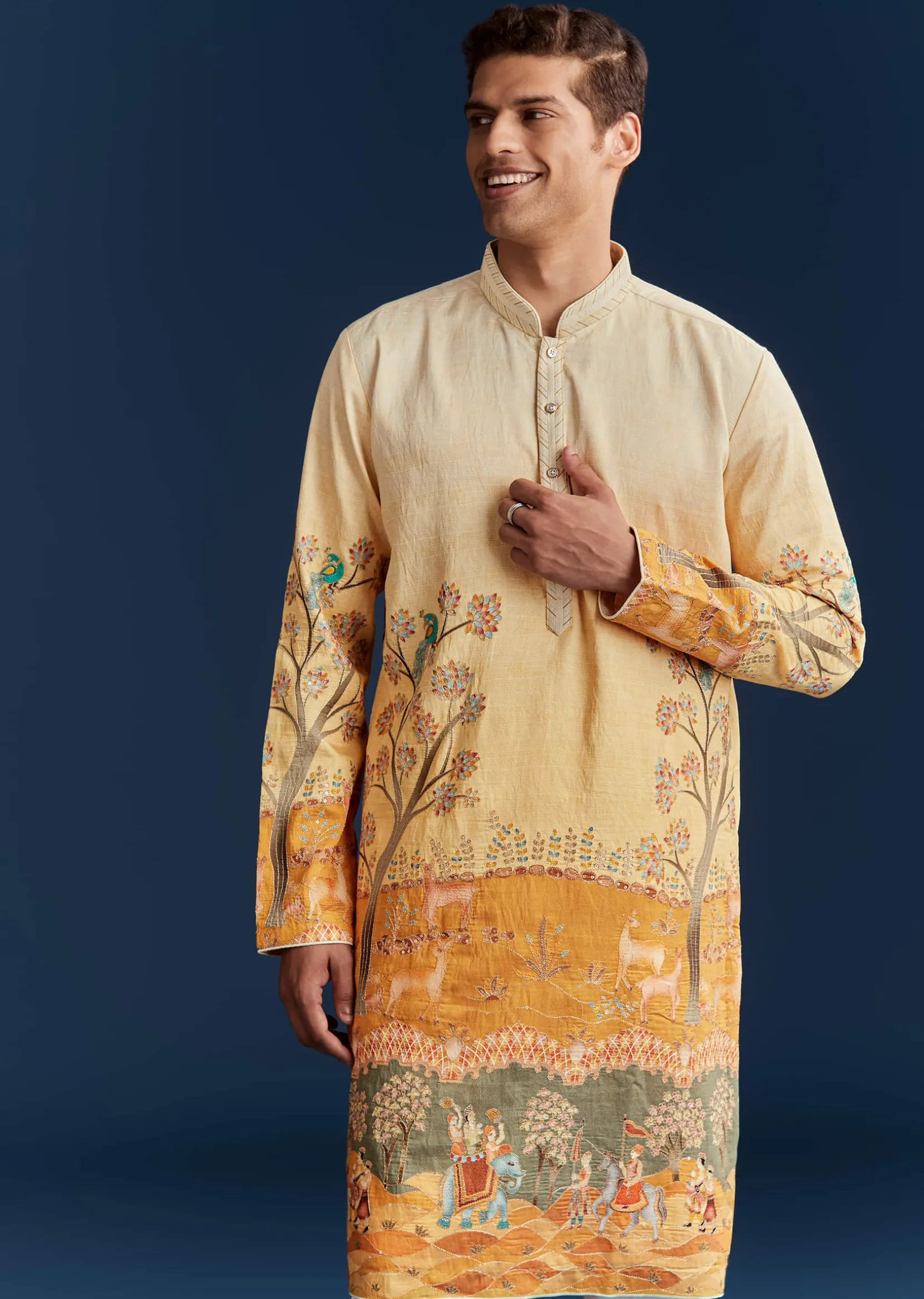 Yellow Ombre Silk Kurta Set With Floral And Animal Print Motifs