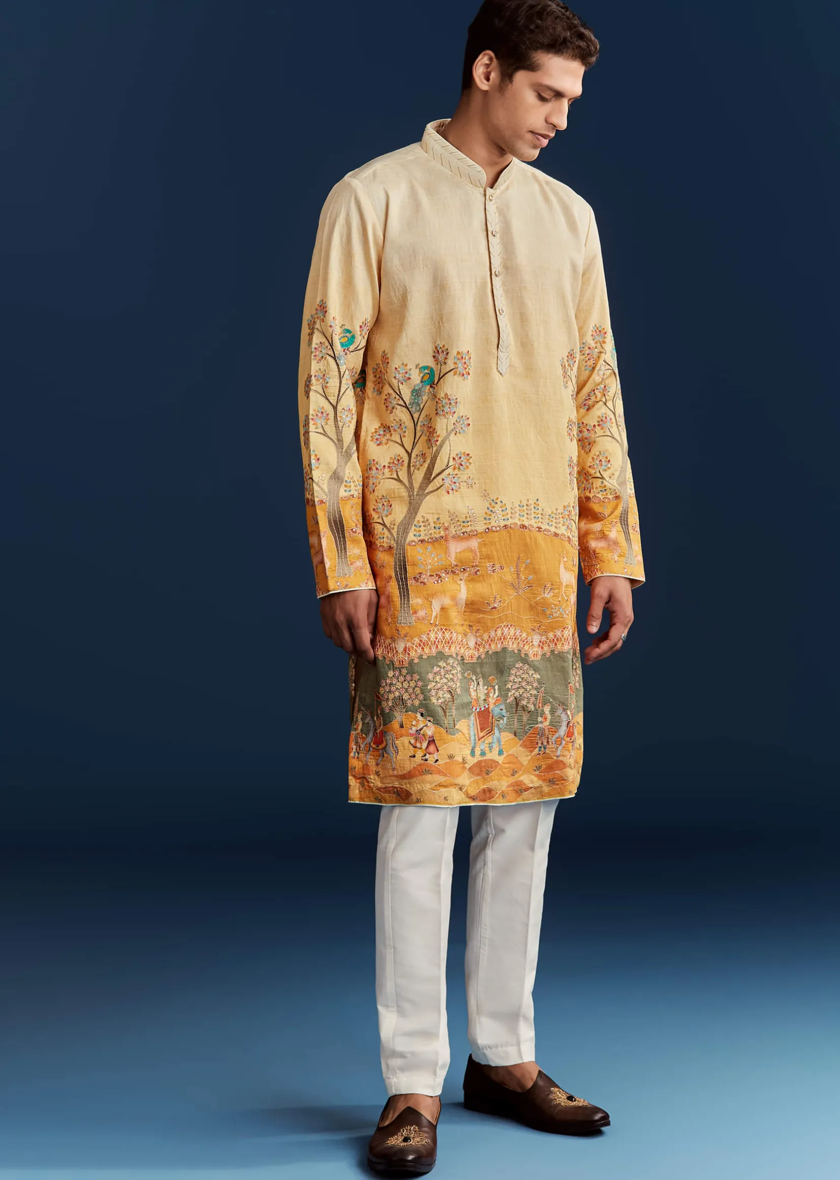 Yellow Ombre Silk Kurta Set With Floral And Animal Print Motifs