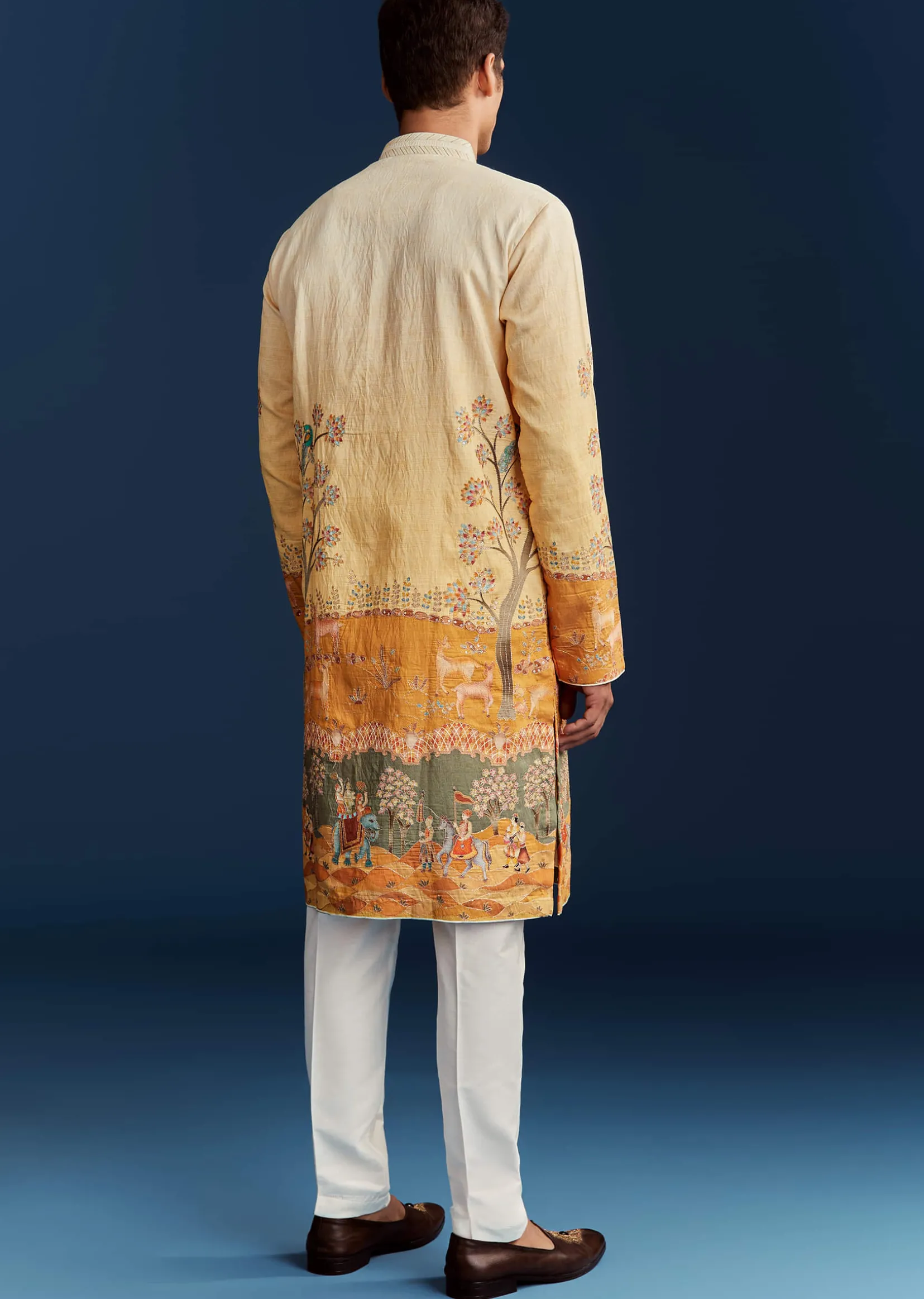 Yellow Ombre Silk Kurta Set With Floral And Animal Print Motifs